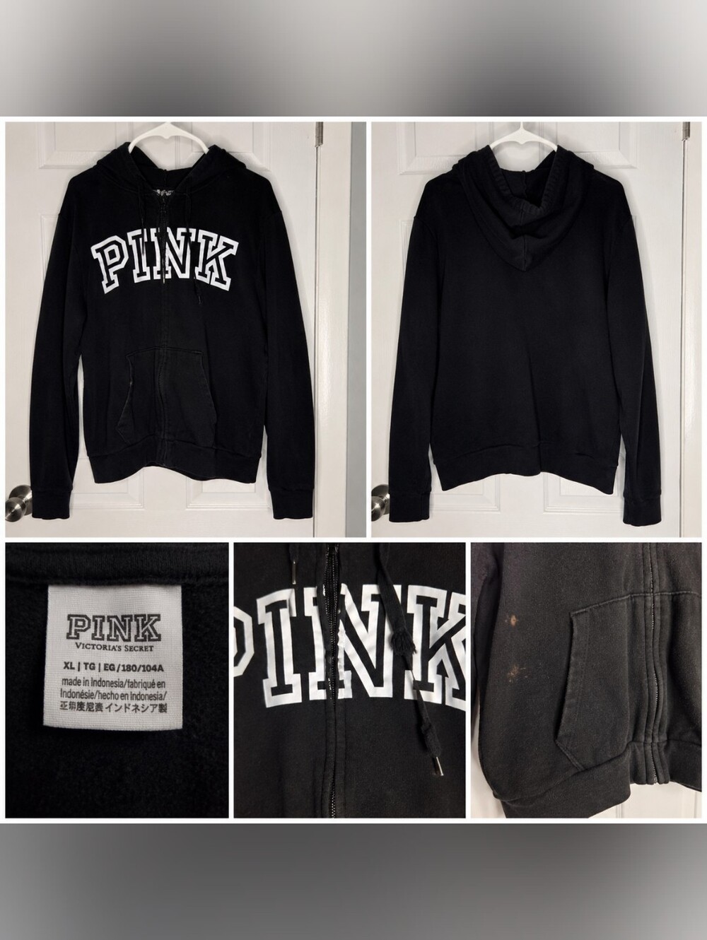 Victoria’s Secret PINK Campus Fleece Full-Zip Hoodie Black White Logo XL